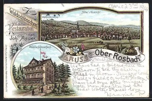 Lithographie Ober Rosbach, Totalansicht, Gasthaus Waldschlösschen