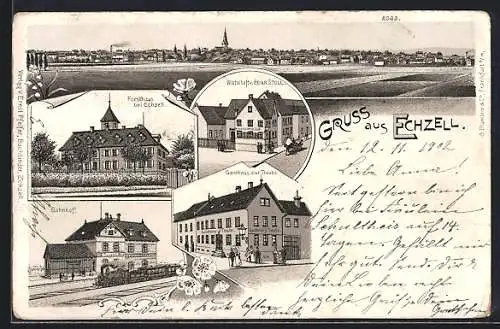 Lithographie Echzell, Gasthaus zur Traube, Bahnhof, Gasthof von Heinr. Stoll, Forsthaus