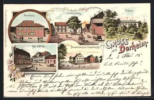 Lithographie Dorheim / Wetterau, Schulhaus, Lindenplatz und Breidenbach`sche Liegenschaft