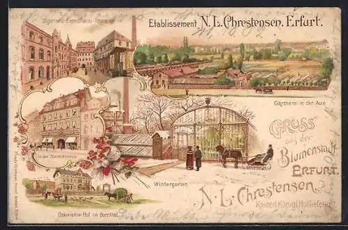 Lithographie Erfurt, Gärtnerei von N. L. Chrestensen, Lager- und Expeditions-Räume