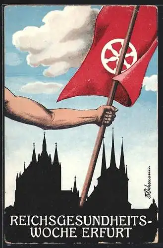 AK Erfurt, Reichsgesundheitswoche 1926, Arm hält Flagge vor Stadtsilhouette