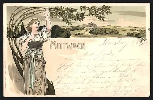 Künstler-AK H. Fründt: Junge Frau unter gebogenen Ästen am Mittwoch, Jugendstil