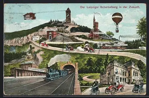 AK Leipzig, Zukunft d Scherbelberg, Bahnhof, Aussichtsturm auf dem Scherbelberg, Restaurant Sternwarte, Ballon