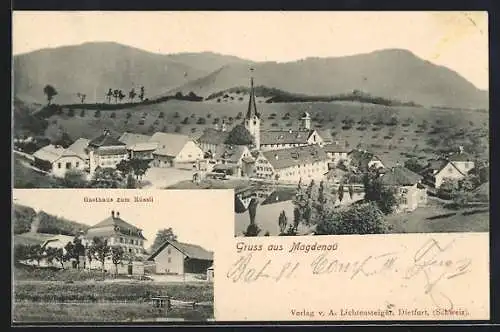 AK Magdenau, Gasthaus zum Rössli, Ortsansicht gegen die Berge