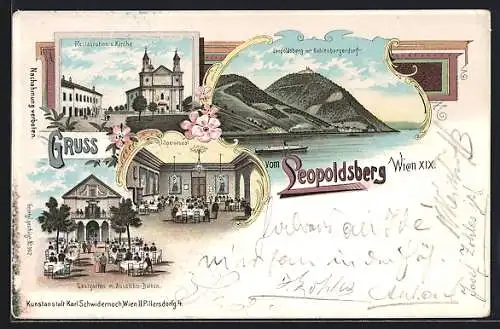 Lithographie Wien, Restauration und Kirche, Inneres Speisesaal, Leopoldsberg mit Kahlenbergerdorf