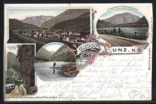 Lithographie Lunz /N. Ö., Lunzersee mit Scheiblingstein, Mittersee, Hohle Mauer