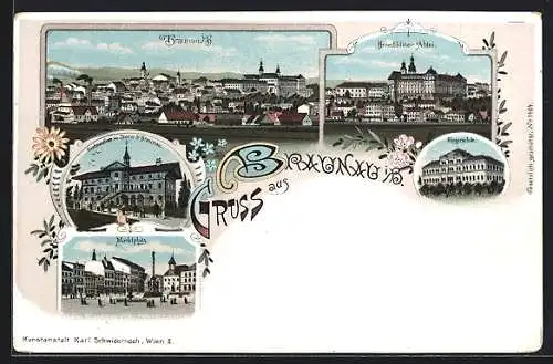 Lithographie Braunau i. B., Restaurant im Stern, Marktplatz, Benediktinerabtei, Bürgerschule