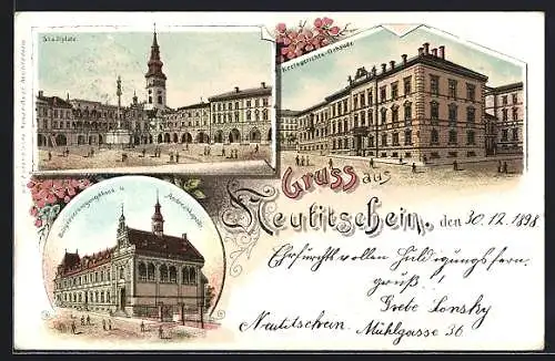 Lithographie Neutitschein, Stadtplatz, Kreisgerichts-Gebäude, Bürgerversorgungshaus und Andreaskapelle