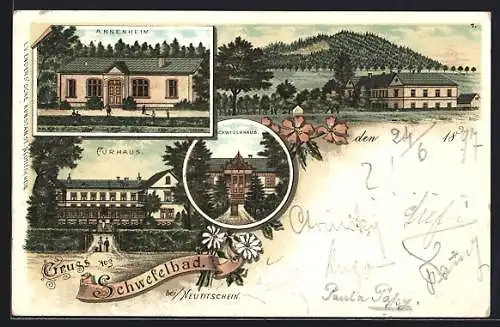 Lithographie Neutitschein, Schwefelbad mit Curhaus, Annenheim, Schweizerhaus