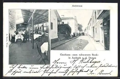 AK Aschach a. d. Donau, Gasthaus zum schwarzen Koch, Terrasse, Abelstrasse