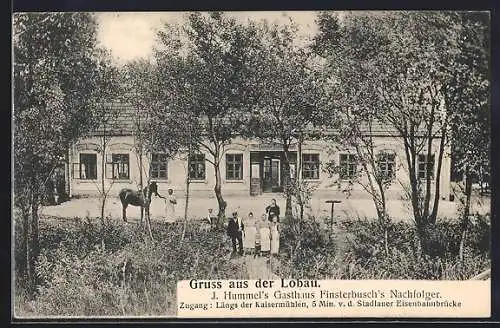 AK Stadlau /Lobau, J. Hummels Gasthaus Finsterbuschs Nachfolger, Ansicht mit kleiner Versammlung u. Pferd