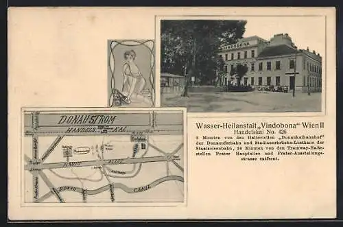 AK Wien, Wasser-Heilanstalt Vindobona, Handelskai 426, mit Lageplan und Dame am Brunnen