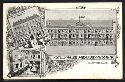 AK Wien, Hotel Nagler, Rennweg 59, mit Garten und rückwärtigem Trakt Schützengasse 3