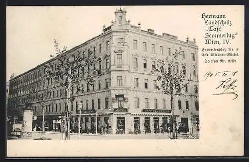 AK Wien, Cafe Semmering H. Landschulz, Favoritenplatz 9, Gebäudeansicht mit Litfasssäule