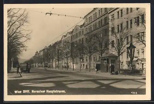 AK Wien, Hernalser Hauptstrasse mit Geschäften u. Bedürfnisanstaalt