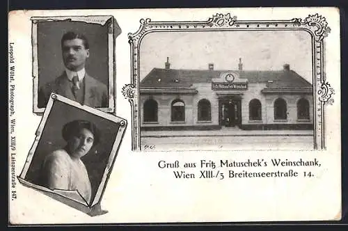 AK Wien, Gaststätte Fritz Matauscheks Weinhaus, Breitenseerstrasse 14, Strassenansicht, Wirtspaar