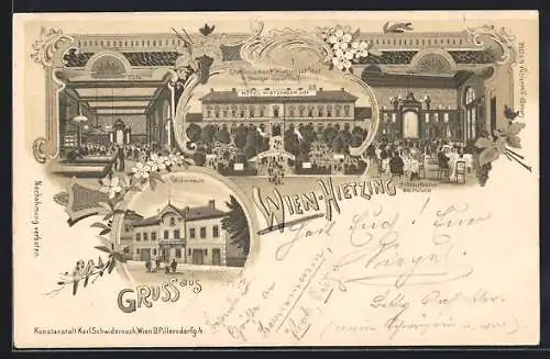 Lithographie Wien, Hietzing, Hotel Hietzinger Hof, Café, Wohnhaus