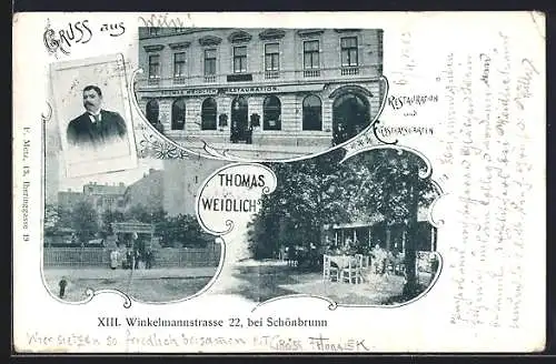 AK Wien, Gasthaus Restaurat.-Gasthausgarten T. Weidlich, Winkelmannstrasse 22, bei Schönbrunn, m. Garten, Wirtsportrait