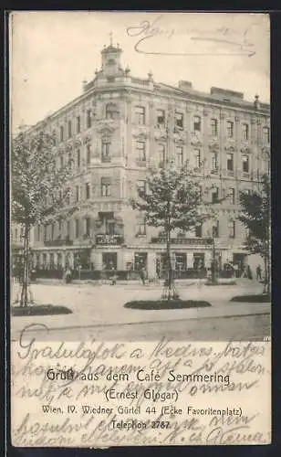 AK Wien, Cafe Semmerling E. Glogar, Wiedner Gürtel 44, mit Strassenbäumen