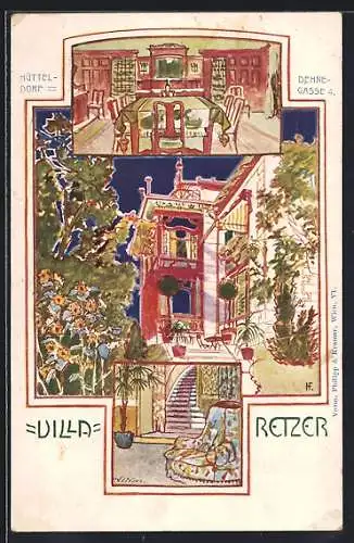 Künstler-AK Wien, Hütteldorf, Villa-Retzer, Dehne-Gasse 4, mit Foyer und Salon