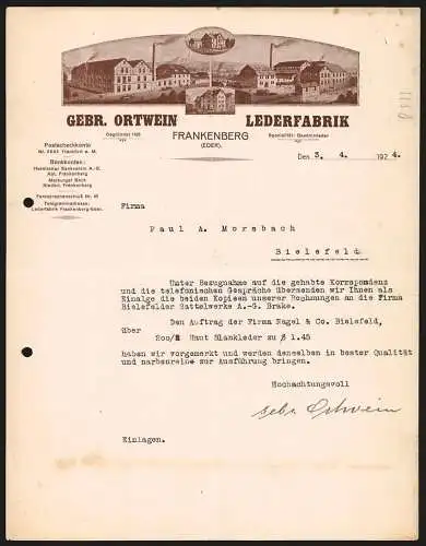 Rechnung Frankenberg /Eder 1924, Gebr. Ortwein, Lederfabrik, Betriebsansicht und Verwaltungsgebäude