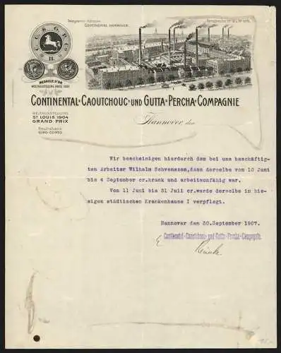 Rechnung Hannover 1907, Continental-Caoutchouc- & Gutta-Percha-Compagnie, Betriebsansicht und Messe-Medaille