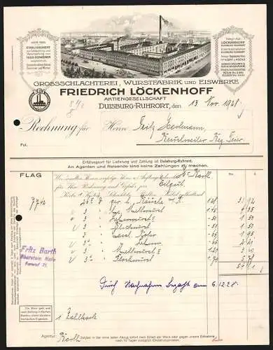 Rechnung Duisburg-Ruhrort 1928, Friedrich Löckenhoff, Grossschlachterei, Wurstfabrik und Eiswerke, Betriebsanlage