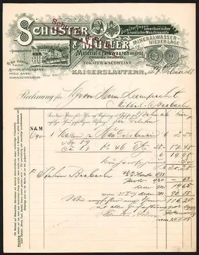 Rechnung Kaiserslautern 1906, Schuster & Müller, Material- & Farbwaren, Betriebsansicht und Messe-Medaille