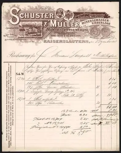 Rechnung Kaiserslautern 1901, Schuster & Müller, Material- & Farbwaren, Betriebsansicht und Messe-Medaille