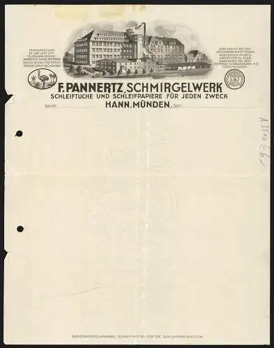 Rechnung Hann. Münden 1932, F. Pannertz, Schmirgelwerk, Blick auf das Geschäftsgebäude