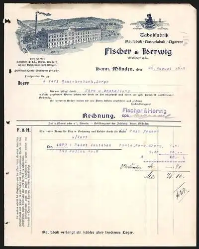 Rechnung Hann. Münden 1919, Fischer & Herwig, Tabakfabrik, Betriebsansicht und Schutzmarke Ruderer