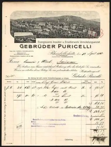 Rechnung Rheinböllerhütte 1913, Gebrüder Puricelli, Eisengiesserei, Inoxidier- & Emaillierwerk, Betriebsansicht