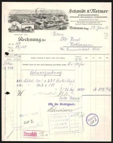 Rechnung Weidenau /Sieg 1916, Schmidt & Melmer, Blechwarenfabrik, Betriebsansicht und Verwaltungsgebäude