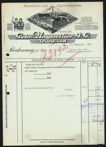 Rechnung Wanfried 1935, Gebr. Ungewitter AG, Kautabak- & Zigarrenfabrik, Betriebsansicht Kautabak-Schutzmarke