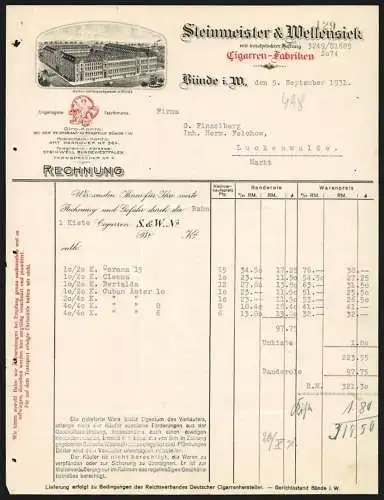 Rechnung Bünde i. W. 1931, Steinmeister & Wellensiek, Cigarren-Fabriken, Kontor- und Versandgebäude