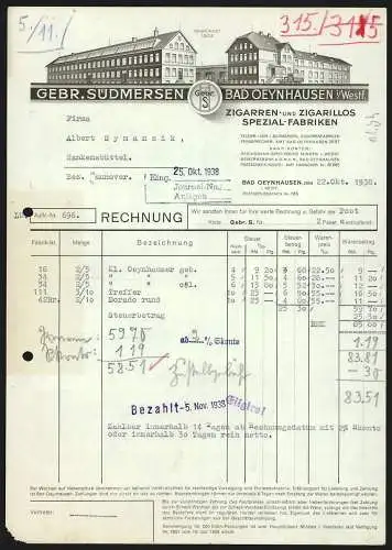 Rechnung Bad Oeynhausen 1938, Gebr. Südmersen, Zigarren- & Zigarillos-Fabrik, Blick auf das Betriebsgebäude