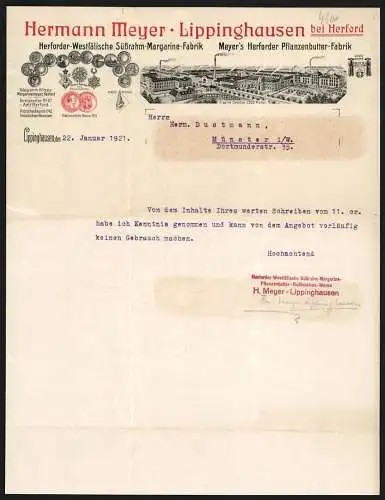 Rechnung Lippinghausen bei Herford 1921, Hermann Meyer, Süssrahm-Margarine-Fabrik, Gesamtansicht und Messe-Medaillen