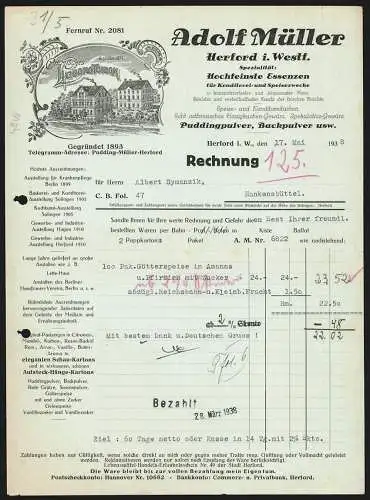 Rechnung Herford i. W. 1938, Adolf Müller, Chemisches Laboratorium, Blick auf die Geschäftsgebäude