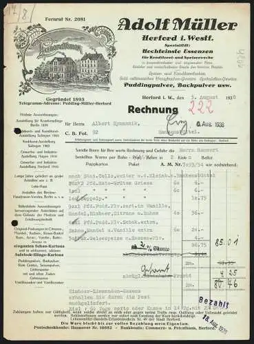 Rechnung Herford i. W. 1938, Adolf Müller, Chemisches Laboratorium, Blick auf die Geschäftsgebäude