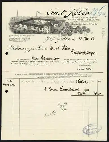 Rechnung Grossengottern 1916, Ernst Köber, Einmache-Geschäft & Schaumweinfabrik, Betriebsansicht und Messe-Medaillen