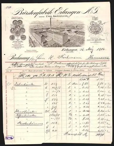 Rechnung Erlangen 1906, Bürstenfabrik Erlangen AG, Betriebsansicht, Messe-Medaillen und Schutzmarke