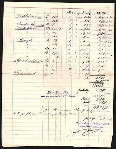 Rechnung Erlangen 1906, Bürstenfabrik Erlangen AG, Betriebsansicht, Messe-Medaillen und Schutzmarke