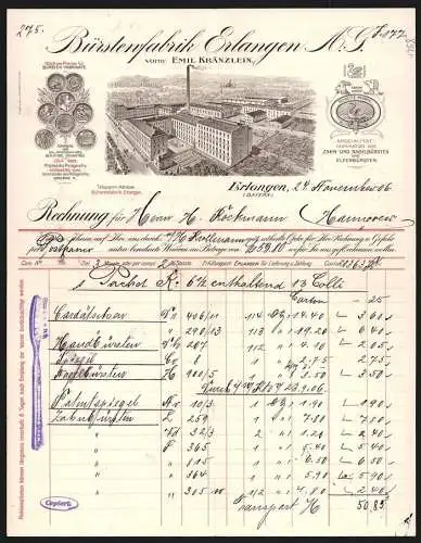 Rechnung Erlangen 1906, Bürstenfabrik Erlangen AG, Betriebsansicht, Messe-Medaillen und Schutzmarke Schwan