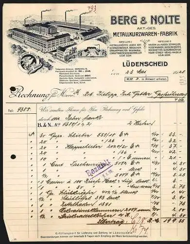 Rechnung Lüdenscheid 1928, Berg & Nolte AG, Metallkurzwaren-Fabrik, Das Betriebsgelände aus der Vogelschau