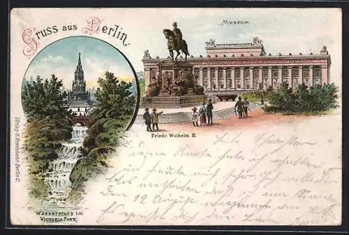 Lithographie Berlin-Kreuzberg, Museum und Denkmal Friedrich Wilhelm III., Wassersturz im Victoria-Park