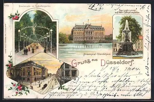 Lithographie Düsseldorf, Provinzial-Ständehaus, Tonhallengarten und Schadowstrasse