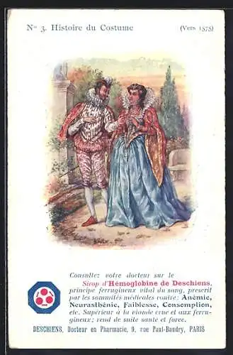 Künstler-AK Mann und Frau in prunkvoller Kleidung, Reklame für Sirop d`Hémoglobin de Deschiens