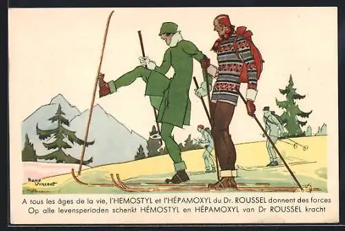 AK Menschen bei einer Skiwanderung, Reklame für Hémostyl und Hépamoxyl von Dr. Roussel