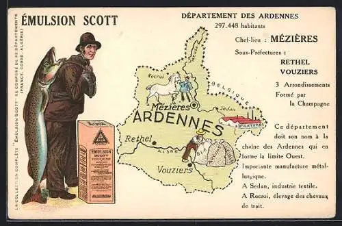 AK Seemann mit grossem Fisch, Karte der Ardennen, Reklame für Émulsion Scott