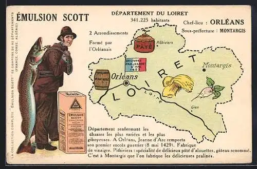 AK Seemann mit grossem Fisch, Karte von Loiret, Reklame für Émulsion Scott